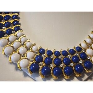 Gold Tone Blue White Cleopatra Statement Bib Necklace Rhinestone Tiered Collar